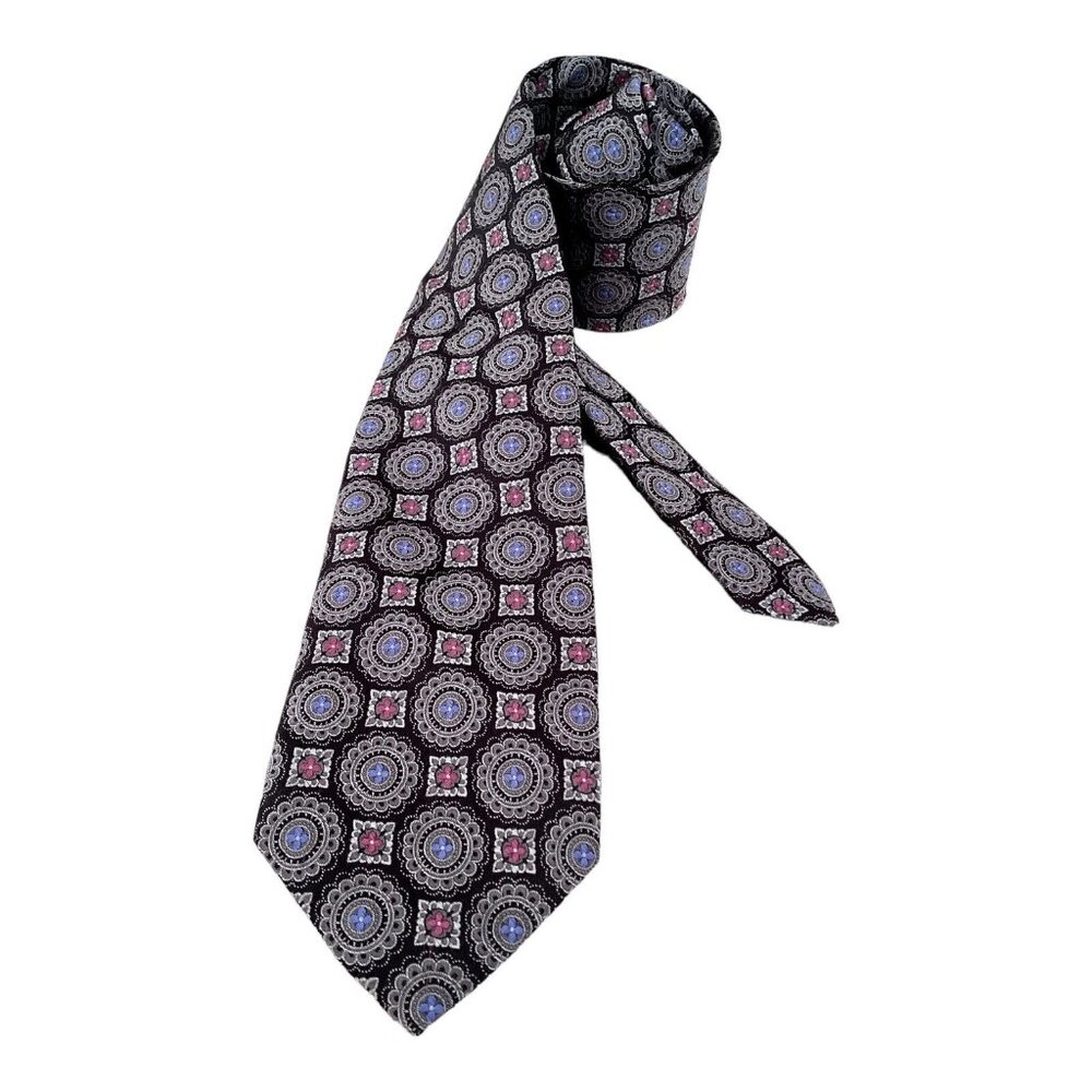ROBERT TALBOTT Gray Medallion Print Silk Tie Hand Swin In USA W: 3.25" EX COND